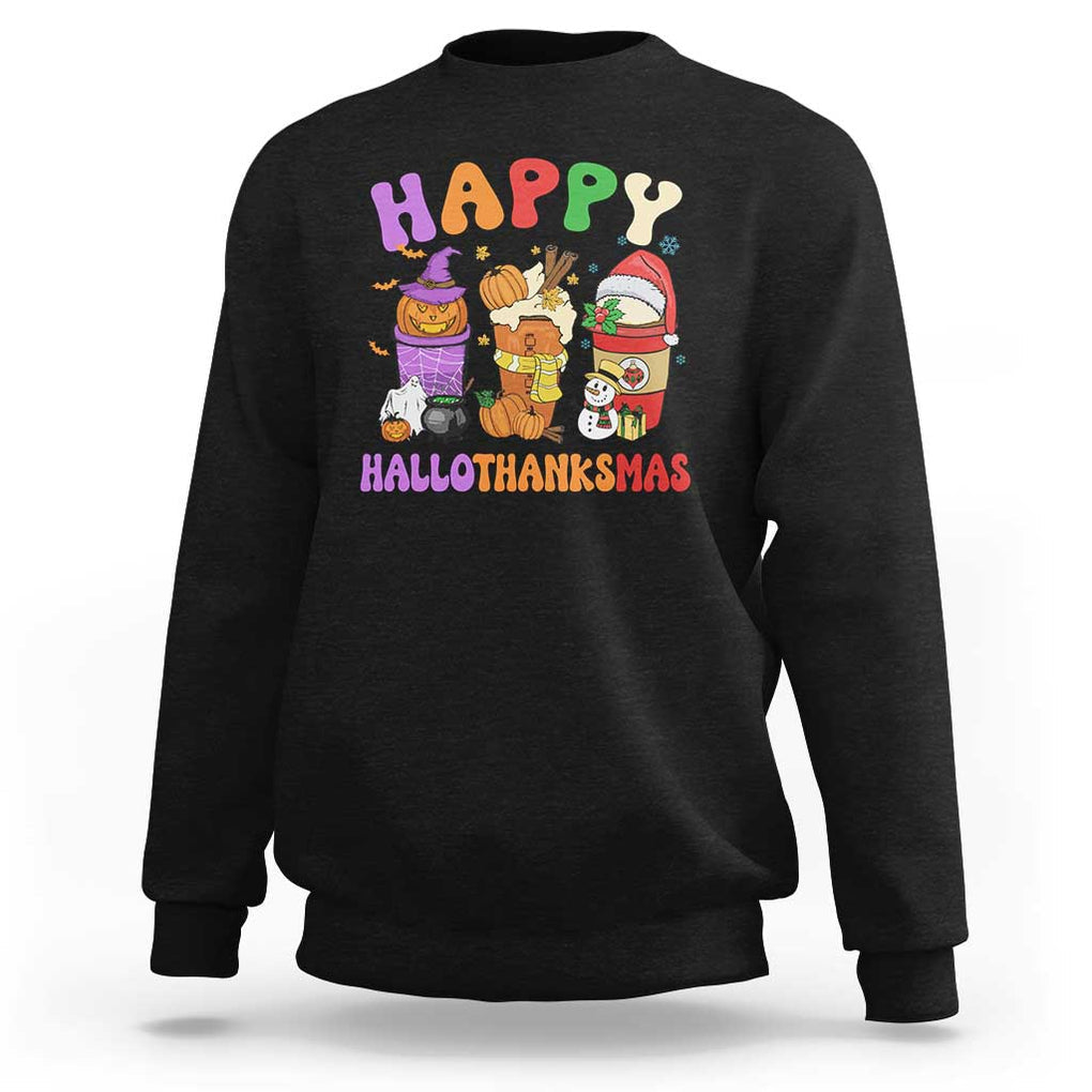 Happy HalloThanksMas Latte Sweatshirt Halloween Thanksgiving Christmas TS02 Black Print Your Wear