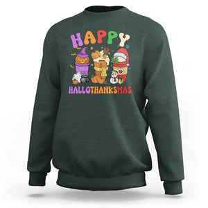 Happy HalloThanksMas Latte Sweatshirt Halloween Thanksgiving Christmas TS02 Dark Forest Green Print Your Wear