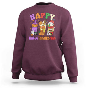 Happy HalloThanksMas Latte Sweatshirt Halloween Thanksgiving Christmas TS02 Maroon Print Your Wear