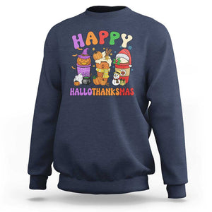 Happy HalloThanksMas Latte Sweatshirt Halloween Thanksgiving Christmas TS02 Navy Print Your Wear