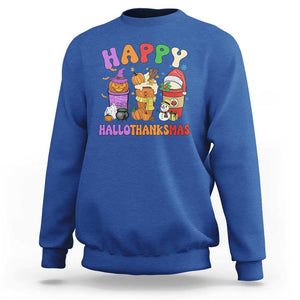 Happy HalloThanksMas Latte Sweatshirt Halloween Thanksgiving Christmas TS02 Royal Blue Print Your Wear