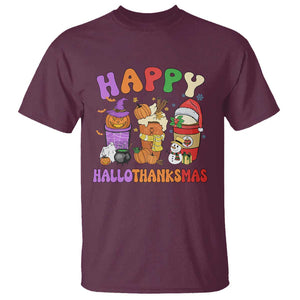 Happy HalloThanksMas Latte T Shirt Halloween Thanksgiving Christmas TS02 Maroon Print Your Wear