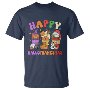 Happy HalloThanksMas Latte T Shirt Halloween Thanksgiving Christmas TS02 Navy Print Your Wear