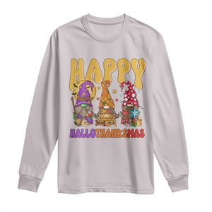 Happy HalloThanksMas Gnomes Long Sleeve Shirt Halloween Thanksgiving Christmas TS02 Ice Gray Print Your Wear