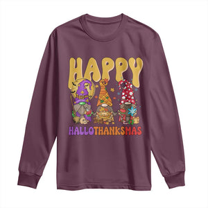 Happy HalloThanksMas Gnomes Long Sleeve Shirt Halloween Thanksgiving Christmas TS02 Maroon Print Your Wear