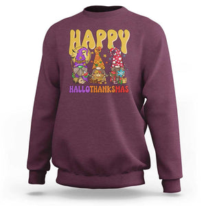 Happy HalloThanksMas Gnomes Sweatshirt Halloween Thanksgiving Christmas TS02 Maroon Print Your Wear