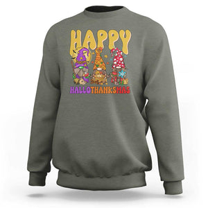 Happy HalloThanksMas Gnomes Sweatshirt Halloween Thanksgiving Christmas TS02 Military Green Print Your Wear