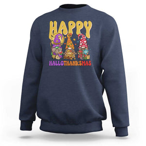 Happy HalloThanksMas Gnomes Sweatshirt Halloween Thanksgiving Christmas TS02 Navy Print Your Wear