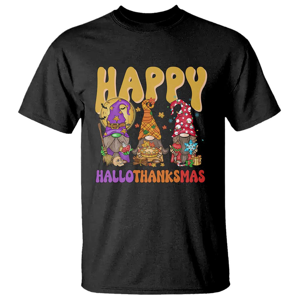 Happy HalloThanksMas Gnomes T Shirt Halloween Thanksgiving Christmas TS02 Black Print Your Wear