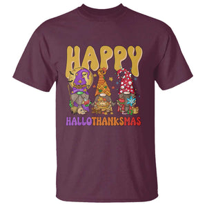 Happy HalloThanksMas Gnomes T Shirt Halloween Thanksgiving Christmas TS02 Maroon Print Your Wear