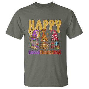 Happy HalloThanksMas Gnomes T Shirt Halloween Thanksgiving Christmas TS02 Military Green Print Your Wear