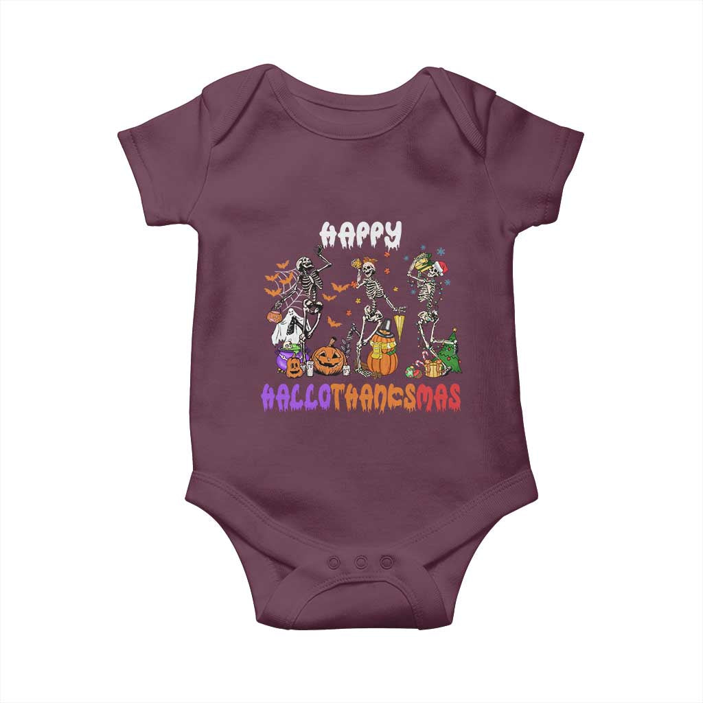 Happy HalloThanksMas Skeleton Baby Onesie Halloween Thanksgiving Christmas TS02 Maroon Print Your Wear