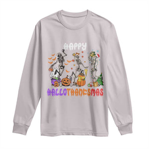 Happy HalloThanksMas Skeleton Long Sleeve Shirt Halloween Thanksgiving Christmas TS02 Ice Gray Print Your Wear