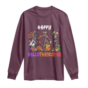 Happy HalloThanksMas Skeleton Long Sleeve Shirt Halloween Thanksgiving Christmas TS02 Maroon Print Your Wear