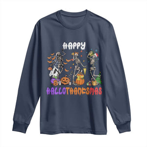 Happy HalloThanksMas Skeleton Long Sleeve Shirt Halloween Thanksgiving Christmas TS02 Navy Print Your Wear