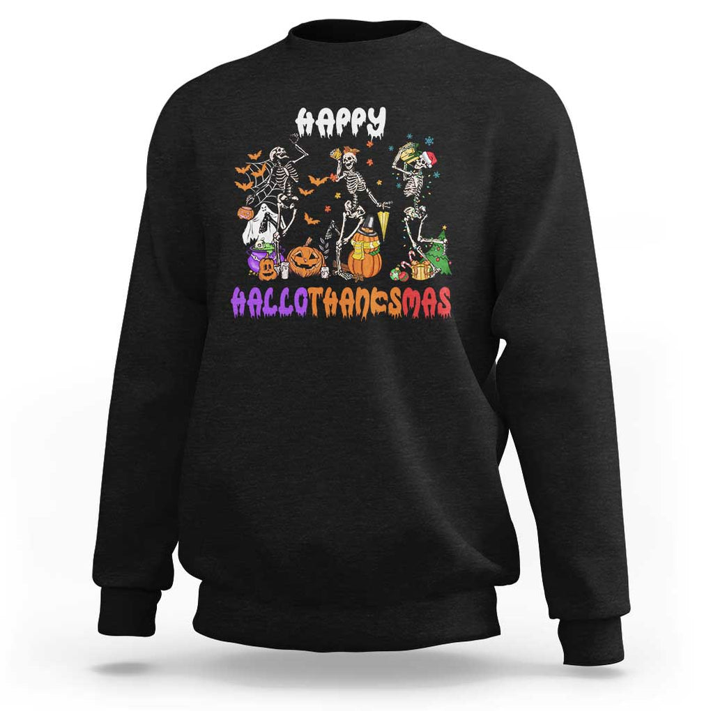 HalloThanksMas Skeleton Sweatshirt Halloween Thanksgiving Christmas TS02 Black Print Your Wear