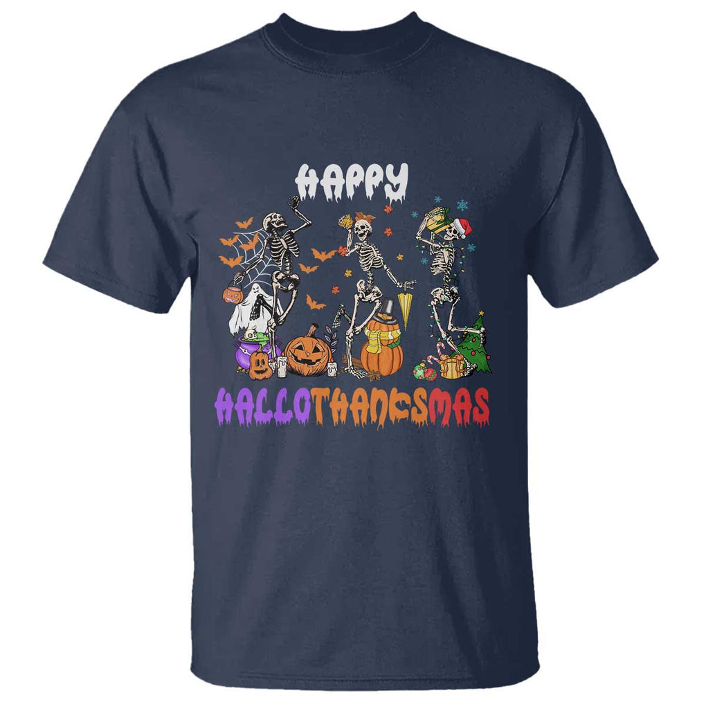 HalloThanksMas Skeleton T Shirt Halloween Thanksgiving Christmas TS02 Navy Print Your Wear