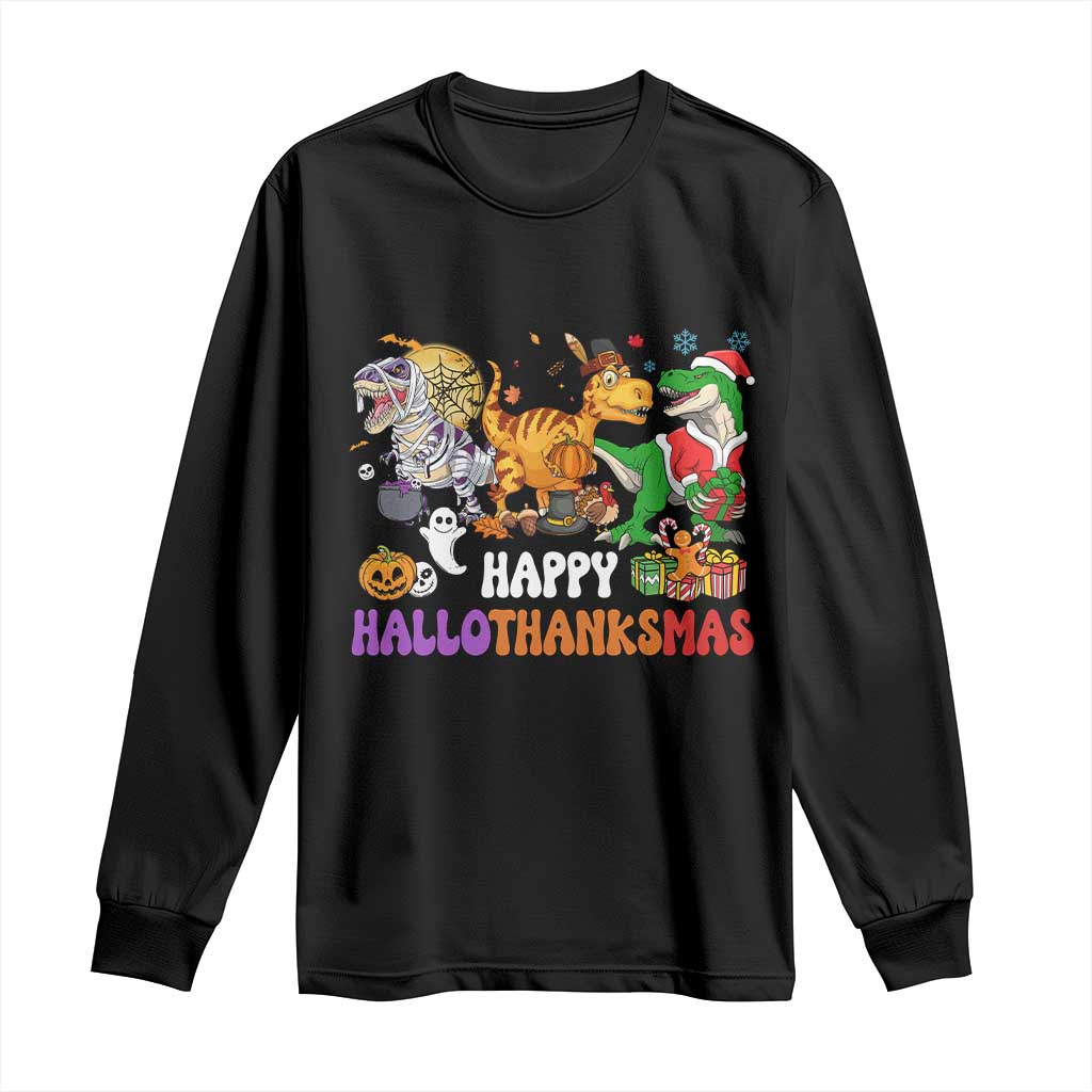 Happy HalloThanksMas Dinosaur Long Sleeve Shirt Halloween Thanksgiving Christmas TS02 Black Print Your Wear