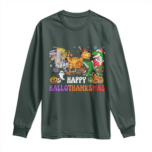 Happy HalloThanksMas Dinosaur Long Sleeve Shirt Halloween Thanksgiving Christmas TS02 Dark Forest Green Print Your Wear