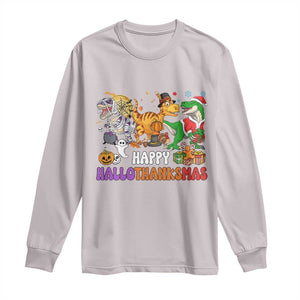 Happy HalloThanksMas Dinosaur Long Sleeve Shirt Halloween Thanksgiving Christmas TS02 Ice Gray Print Your Wear