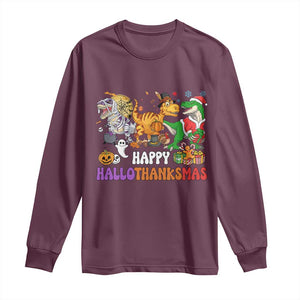 Happy HalloThanksMas Dinosaur Long Sleeve Shirt Halloween Thanksgiving Christmas TS02 Maroon Print Your Wear