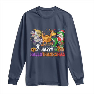 Happy HalloThanksMas Dinosaur Long Sleeve Shirt Halloween Thanksgiving Christmas TS02 Navy Print Your Wear