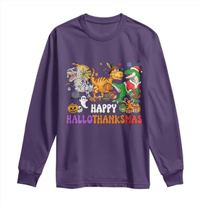 Happy HalloThanksMas Dinosaur Long Sleeve Shirt Halloween Thanksgiving Christmas TS02 Purple Print Your Wear