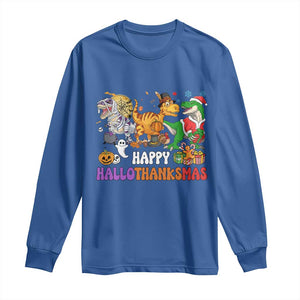 Happy HalloThanksMas Dinosaur Long Sleeve Shirt Halloween Thanksgiving Christmas TS02 Royal Blue Print Your Wear