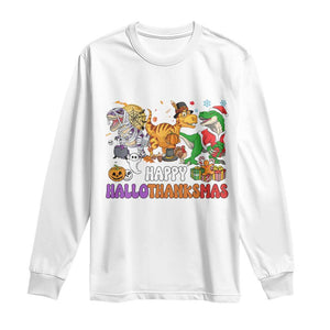 Happy HalloThanksMas Dinosaur Long Sleeve Shirt Halloween Thanksgiving Christmas TS02 White Print Your Wear