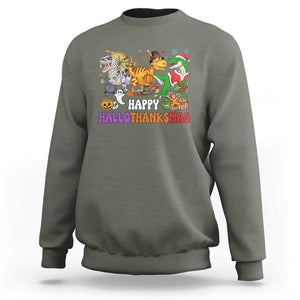 HalloThanksMas Dinosaur Sweatshirt Halloween Thanksgiving Christmas TS02 Military Green Print Your Wear