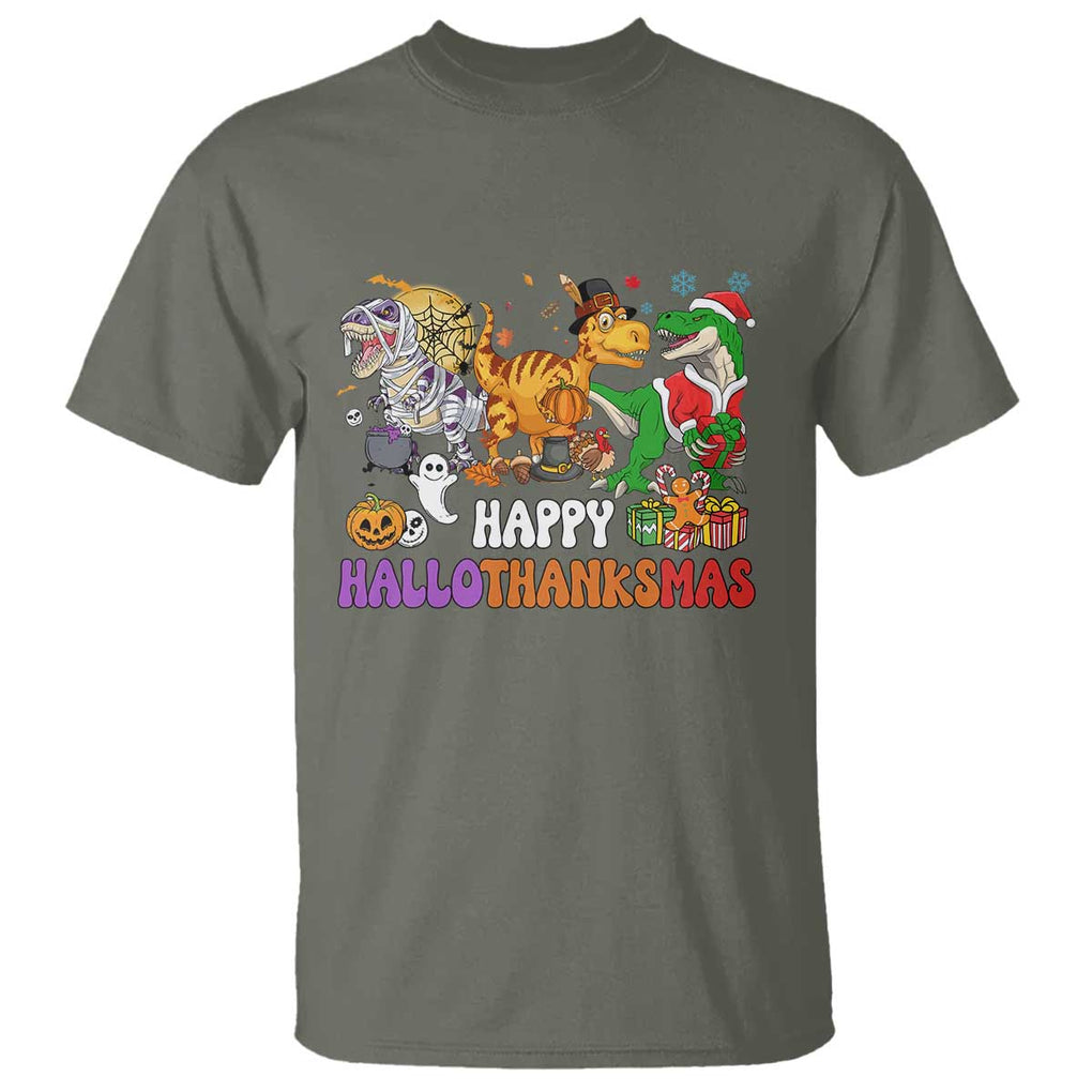 HalloThanksMas Dinosaur T Shirt Halloween Thanksgiving Christmas TS02 Military Green Print Your Wear