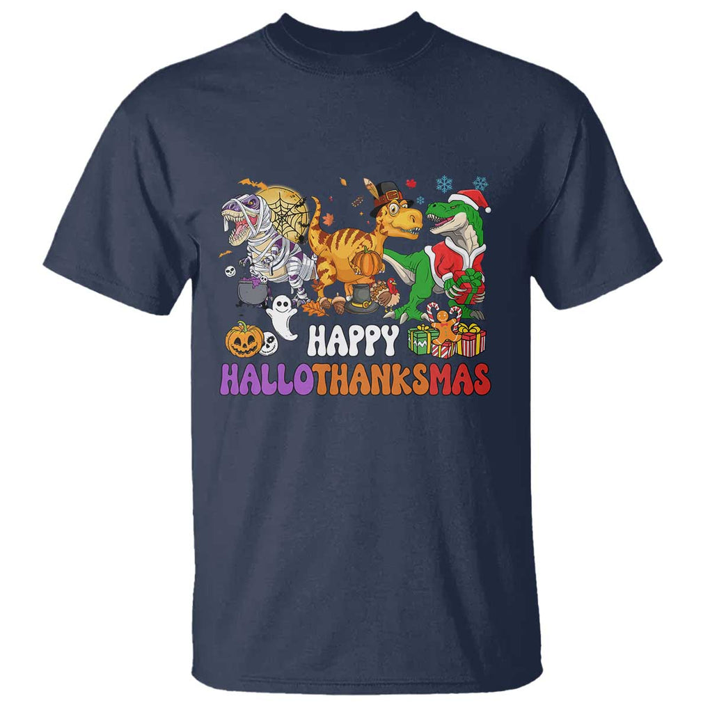 HalloThanksMas Dinosaur T Shirt Halloween Thanksgiving Christmas TS02 Navy Print Your Wear