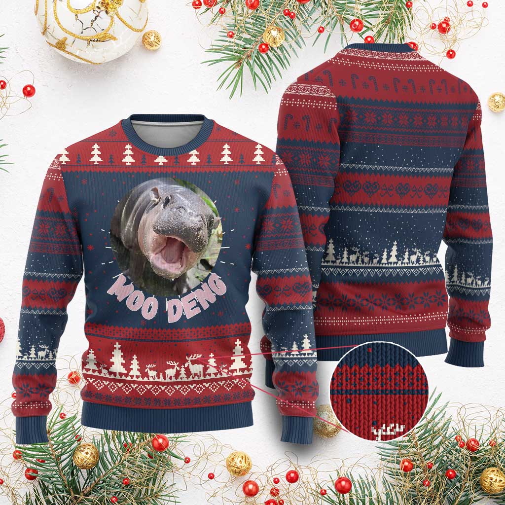 Baby Hippo Moo Deng Ugly Christmas Sweater Cute Pygmy Hippopotamus Bouncy Pig TS02 Burgundy Print Your Wear