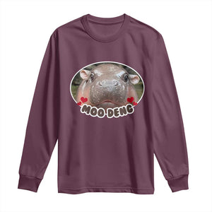 Baby Hippo Moo Deng Long Sleeve Shirt Cute Pygmy Hippopotamus Meme TS02 Maroon Print Your Wear