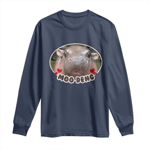 Baby Hippo Moo Deng Long Sleeve Shirt Cute Pygmy Hippopotamus Meme TS02 Navy Print Your Wear