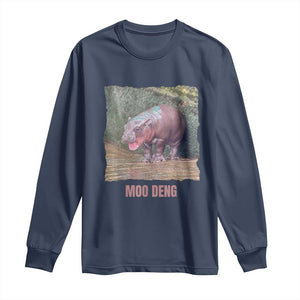 Baby Hippo Moo Deng Long Sleeve Shirt Cute Pygmy Hippopotamus In Thai TS02 Navy Print Your Wear