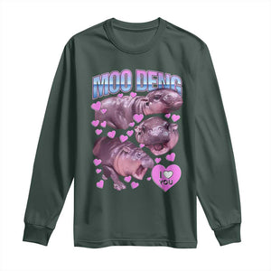 Baby Hippo Moo Deng Long Sleeve Shirt I Love Moo-Deng I Heart You Cute Pygmy Hippopotamus TS02 Dark Forest Green Print Your Wear