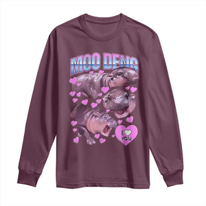 Baby Hippo Moo Deng Long Sleeve Shirt I Love Moo-Deng I Heart You Cute Pygmy Hippopotamus TS02 Maroon Print Your Wear