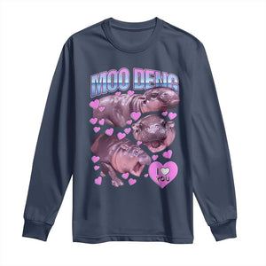 Baby Hippo Moo Deng Long Sleeve Shirt I Love Moo-Deng I Heart You Cute Pygmy Hippopotamus TS02 Navy Print Your Wear