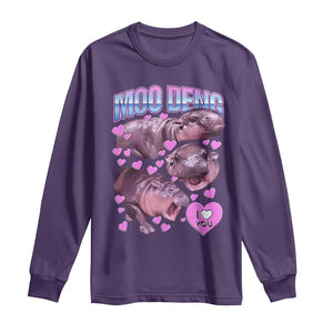 Baby Hippo Moo Deng Long Sleeve Shirt I Love Moo-Deng I Heart You Cute Pygmy Hippopotamus TS02 Purple Print Your Wear