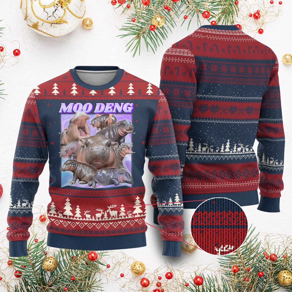 Baby Hippo Moo Deng Ugly Christmas Sweater The Famous Cute Pygmy Hippopotamus TS02 Burgundy Print Your Wear