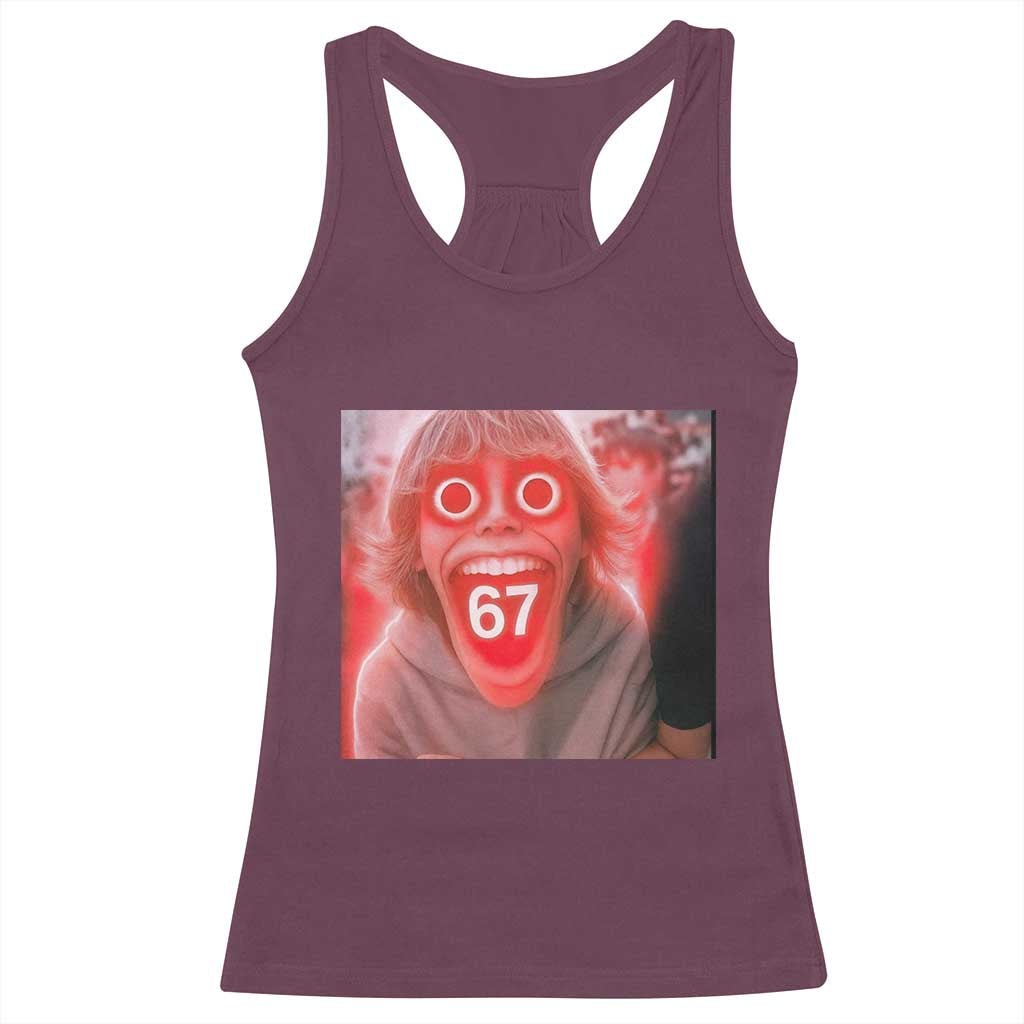 67 Mason Kid Glitchcore Graphic Racerback Tank Top Screaming Boy Six Seven Viral Meme Devil Edit TS02 Maroon Print Your Wear