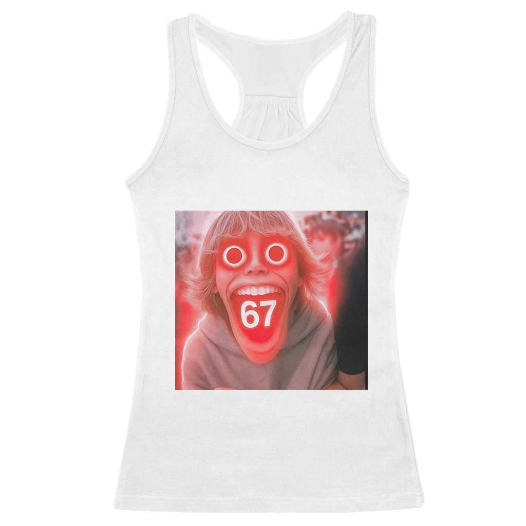 67 Mason Kid Glitchcore Graphic Racerback Tank Top Screaming Boy Six Seven Viral Meme Devil Edit TS02 White Print Your Wear