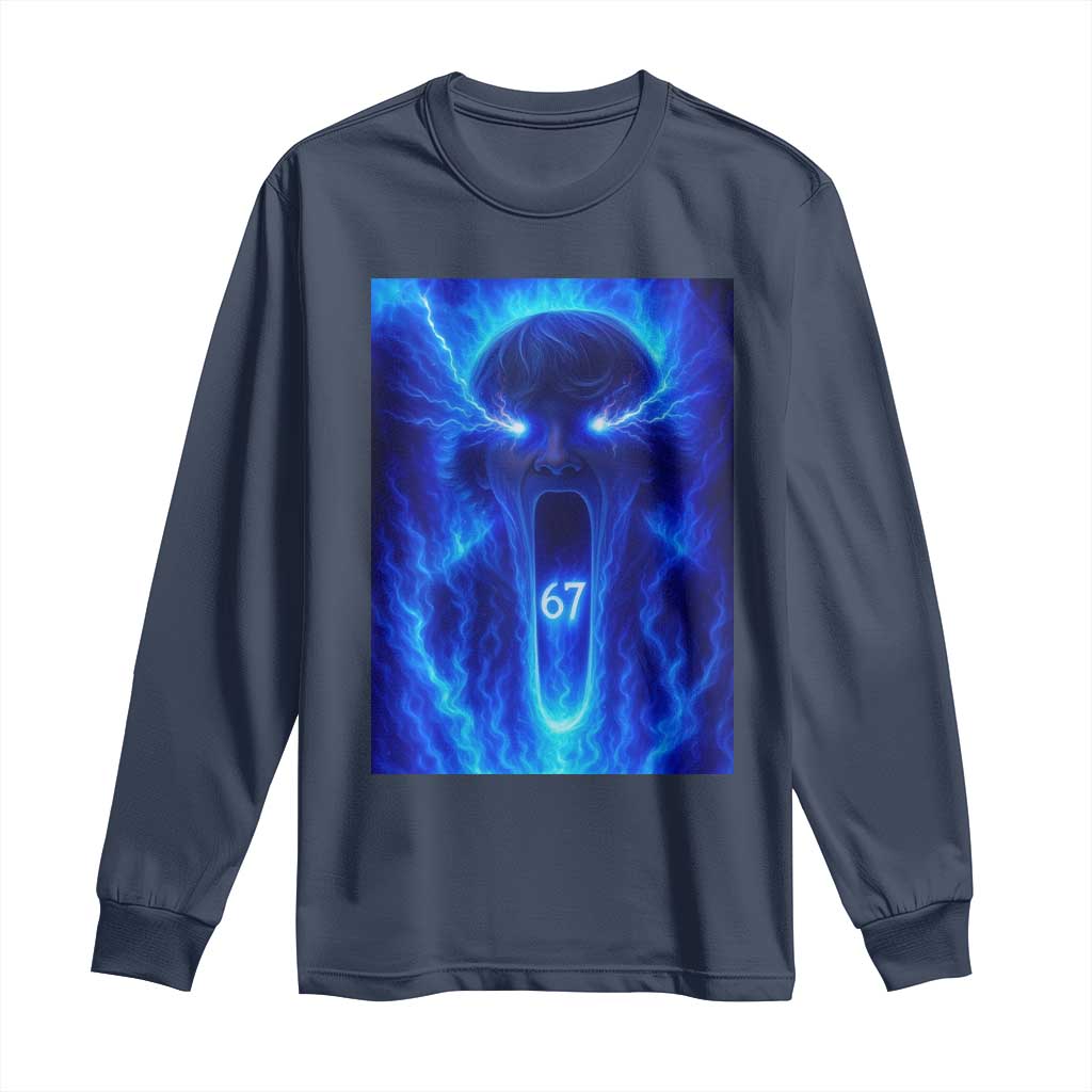 Six Seven Energy Overload Graphic Long Sleeve Shirt 67 Mason Kid Analog Horror Meme TS02 Navy Print Your Wear