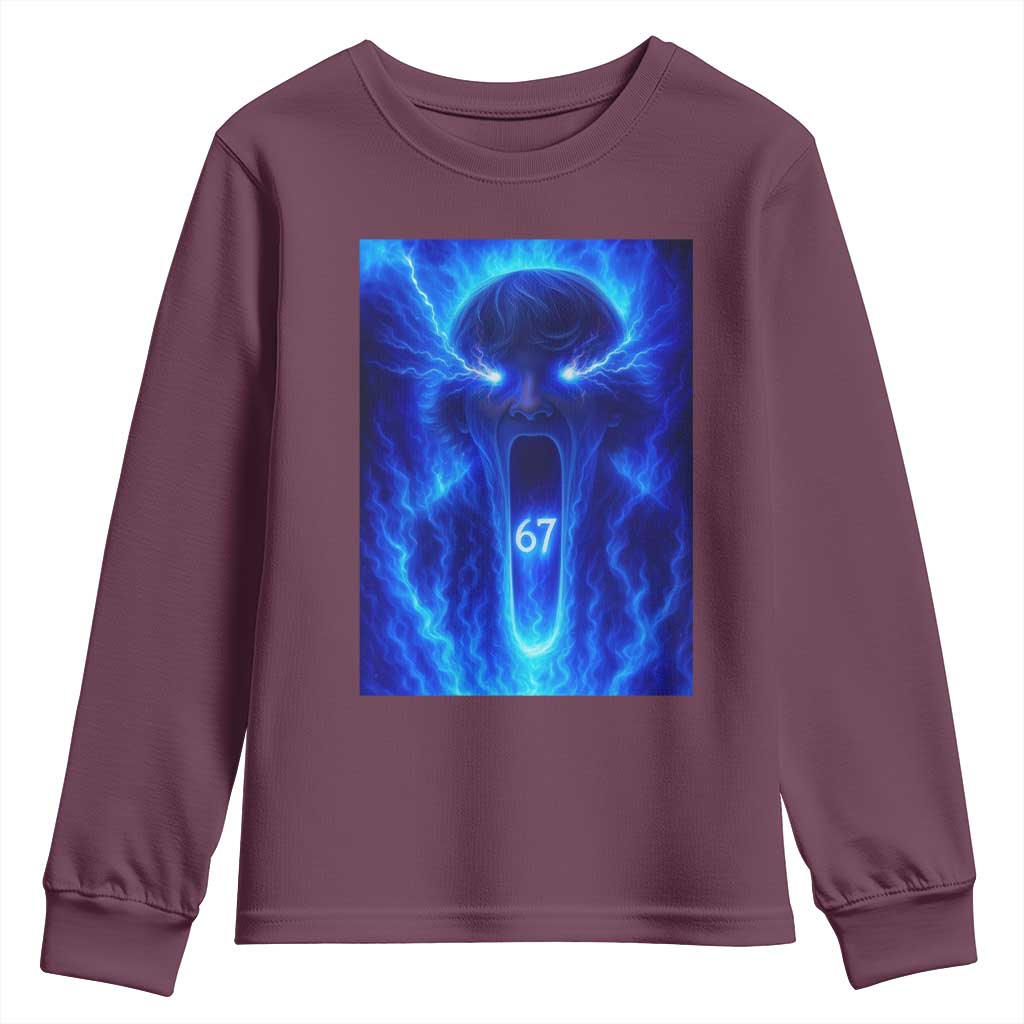 Six Seven Energy Overload Graphic Youth Sweatshirt 67 Mason Kid Analog Horror Meme TS02 Maroon Print Your Wear