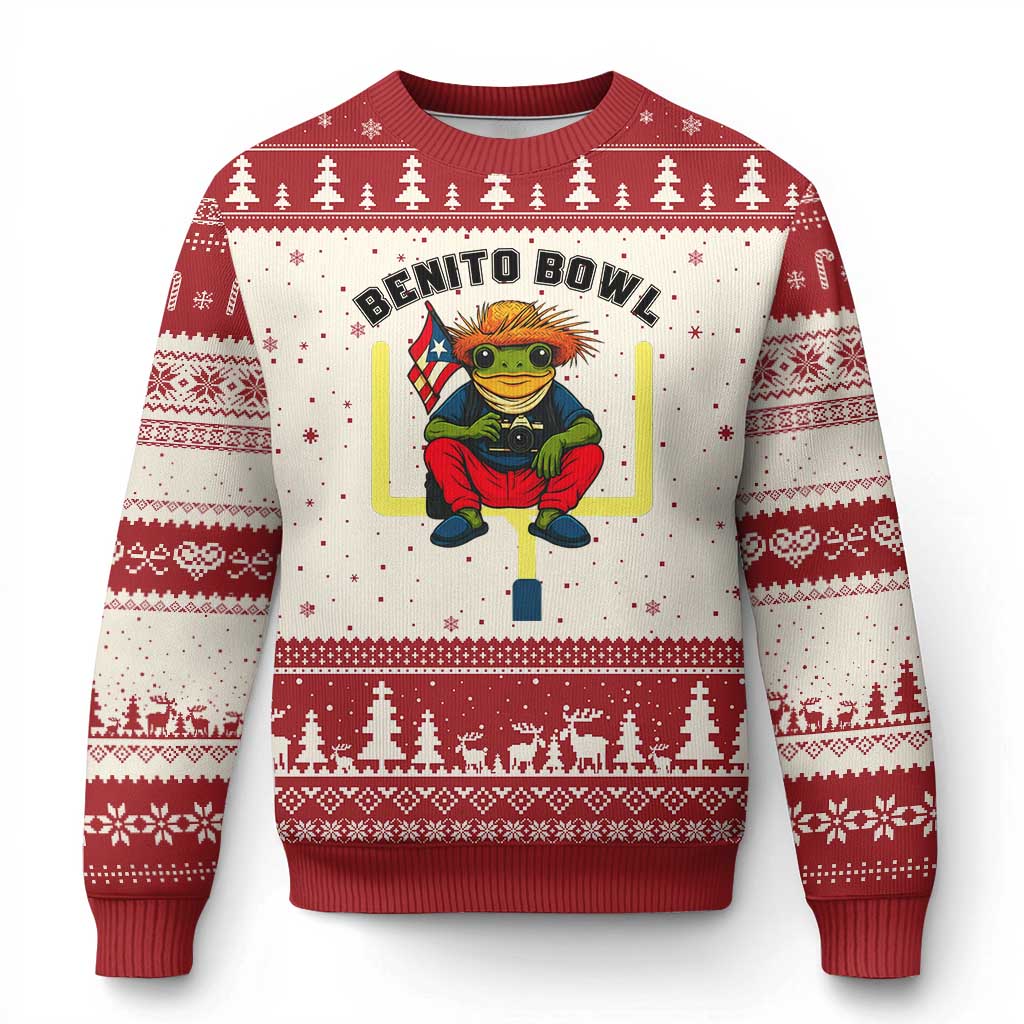 Benito Bowl Coquí Frog Football Ugly Christmas Sweater Funny Puerto Rico Flag Game Day Music Fans TS02 Beige Red Print Your Wear