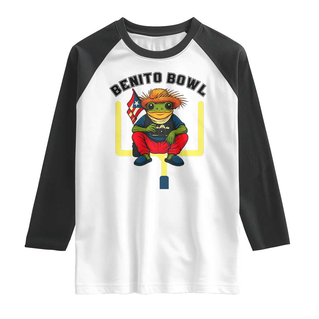 Benito Bowl Coquí Frog Football Raglan Shirt Funny Puerto Rico Flag Game Day Music Fans TS02 White Black Print Your Wear