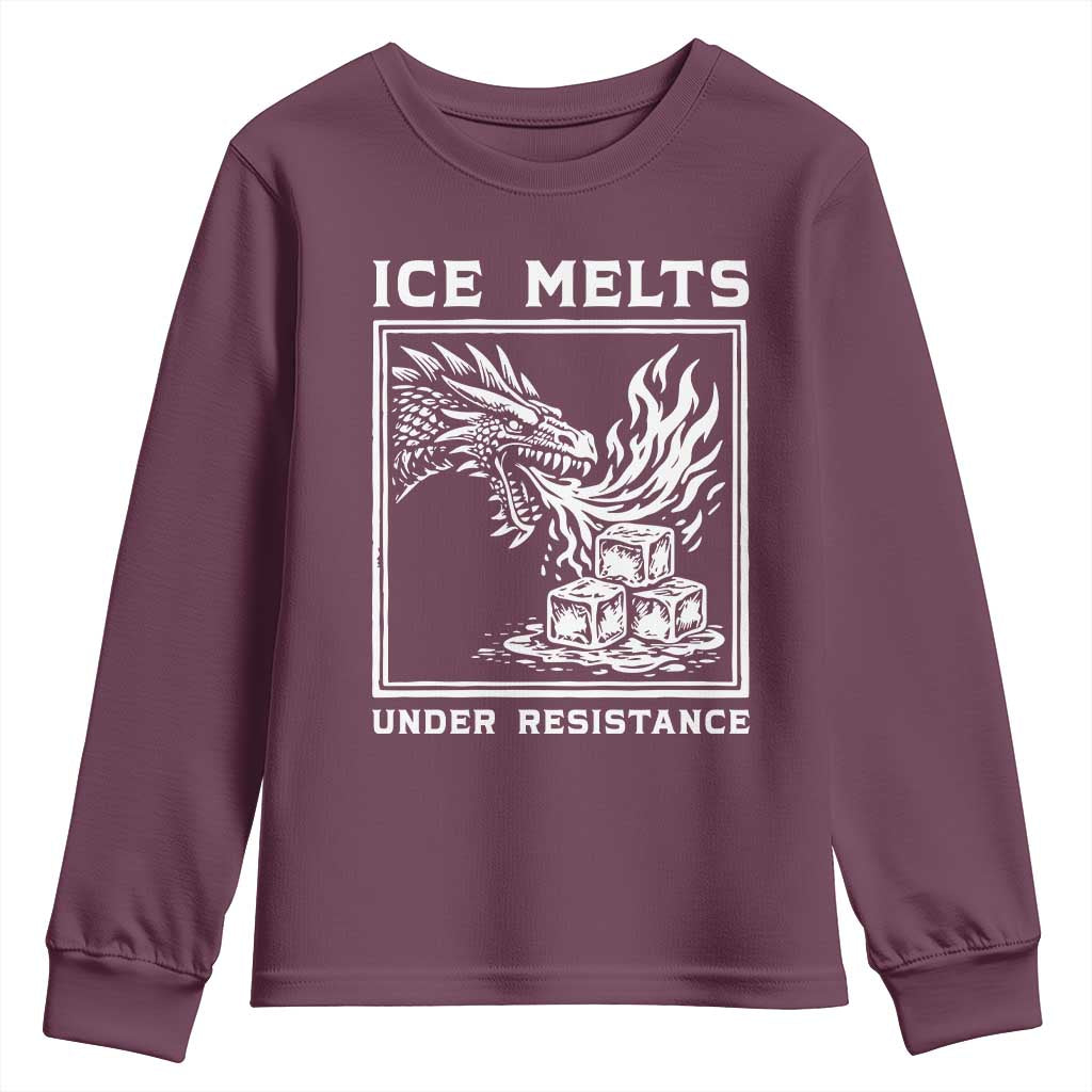 Ice Melts Under Resistance Youth Sweatshirt Against Ice Protest Dragon Graphic with Fire TS02 Maroon Print Your Wear