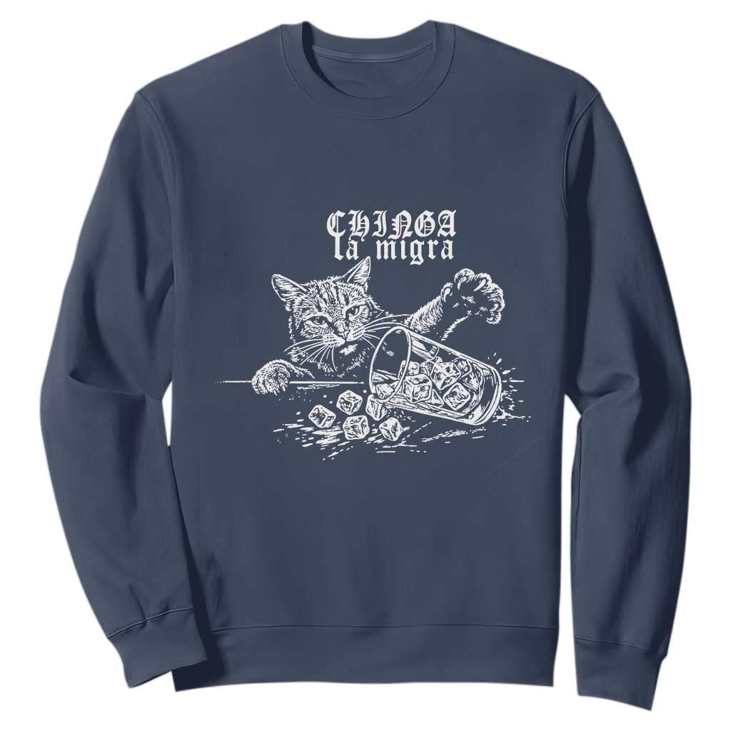 Chinga La Migra Protest Cat Sweatshirt Spanish Resistance Against Ice TS02 Navy Print Your Wear