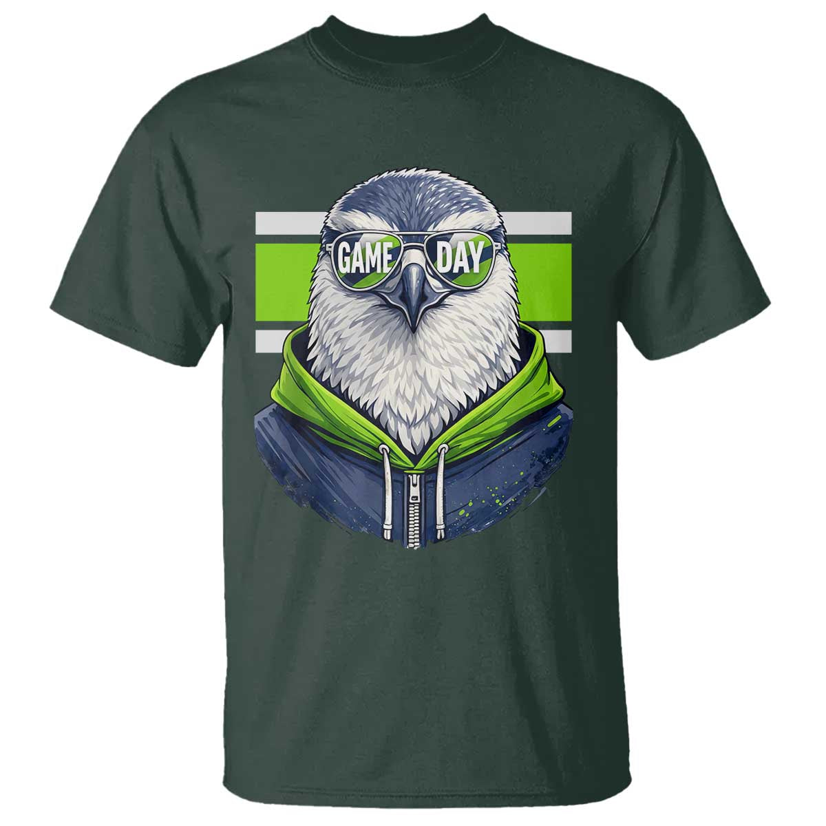 Cool Hawk Wearing Hoodie Graphic T Shirt Game Day Swagger TS02 Dark Forest Green Print Your Wear